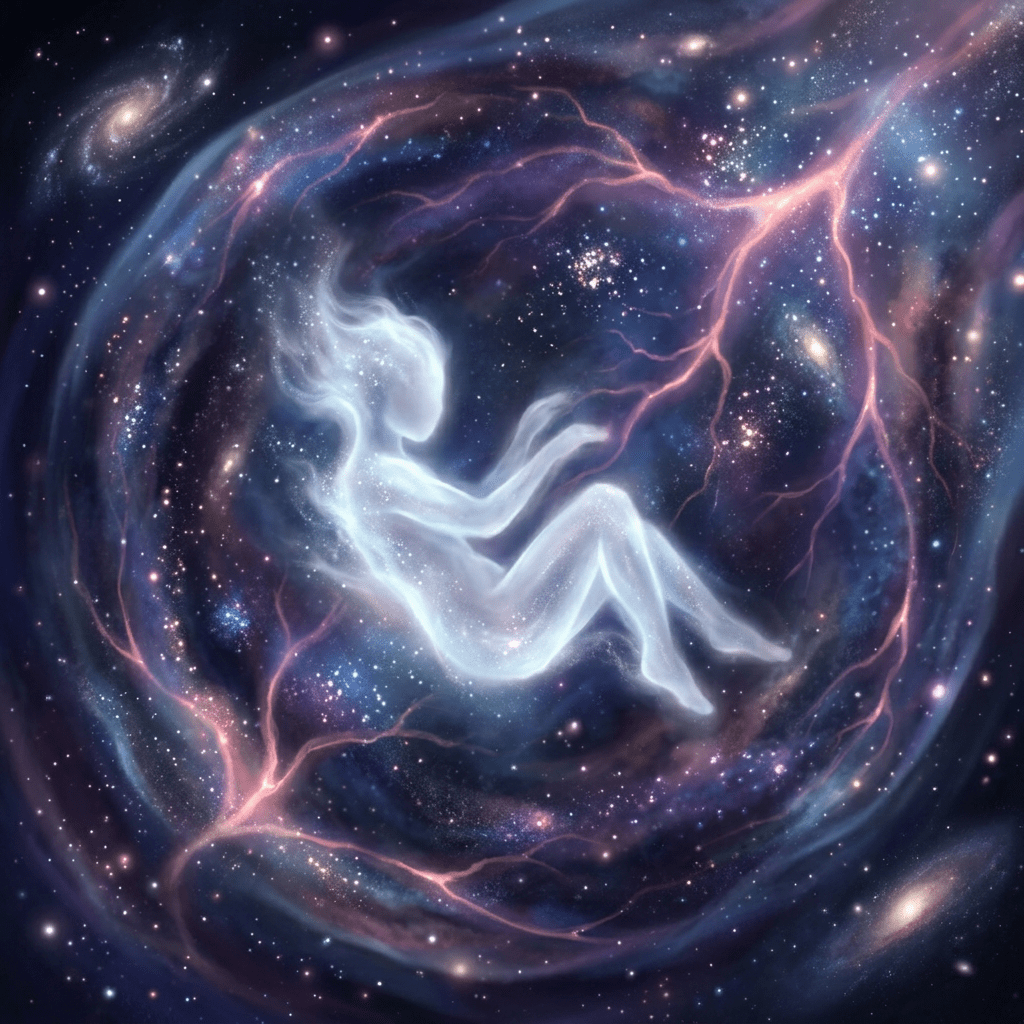 Ethereal fetus-like figure made of cosmic dust and light within a colorful nebula with stars