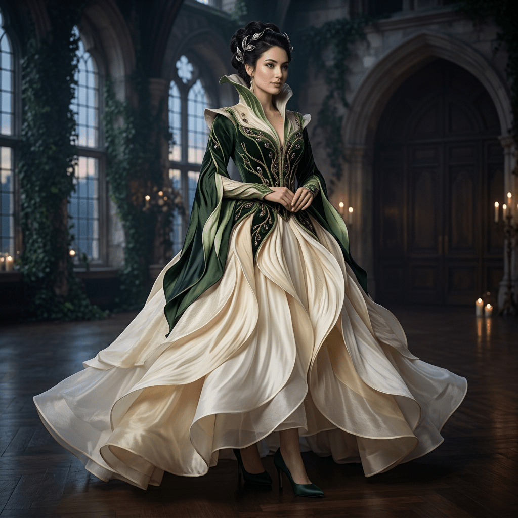 Woman in a green and cream elaborate gown standing in a grand hall with tall arched windows and candles