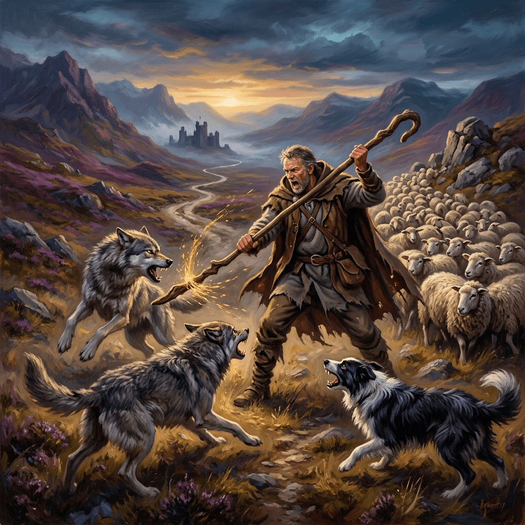 Shepherd using glowing staff to fend off wolves attacking sheep in a mountainous valley.